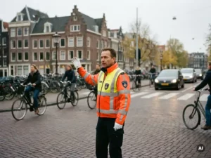 Gecertificeerde verkeersregelaar in oranjegeel hesje dirigeert verkeer op druk Nederlands stadsplein, fietsen en bakstenen gebouwen op de achtergrond.