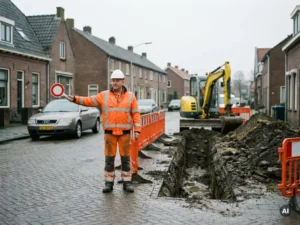 Verkeersregelaar in oranje veiligheidsvest stuurt verkeer om open rioolsleuf op smal Nederlands woonstraatje, met graafmachine op achtergrond.