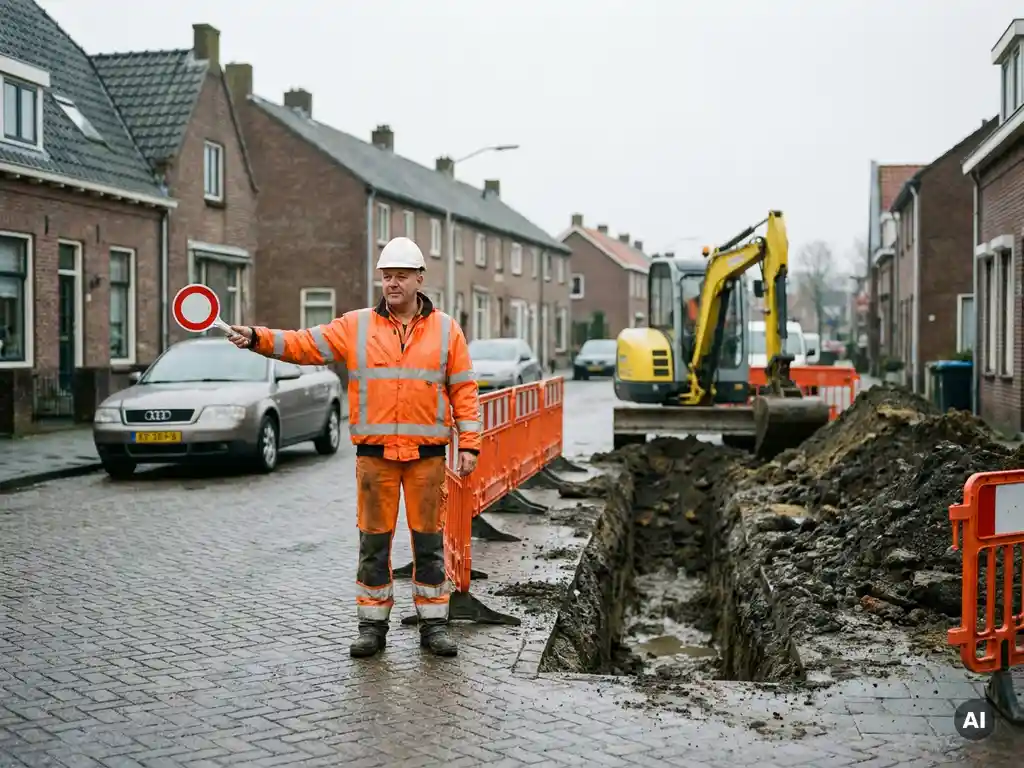 Verkeersregelaar in oranje veiligheidsvest stuurt verkeer om open rioolsleuf op smal Nederlands woonstraatje, met graafmachine op achtergrond.