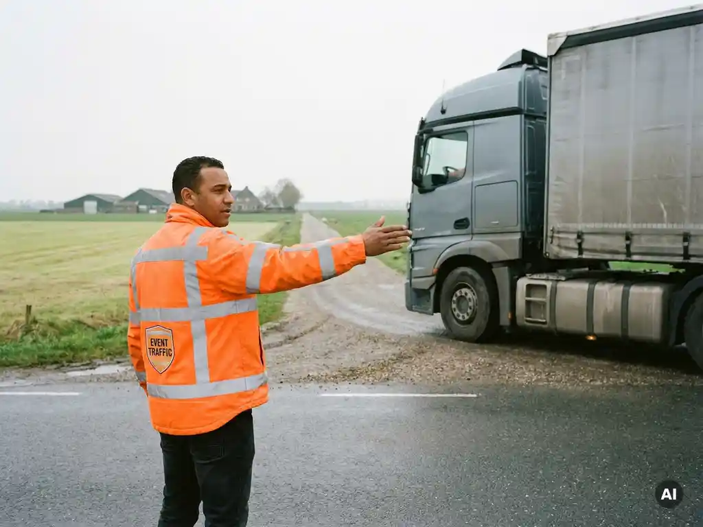 Gecertificeerde verkeersregelaar in oranje hesje dirigeert vrachtwagen bij kruispunt op Nederlandse polderweg.