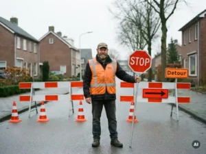 Gecertificeerde verkeersregelaar in oranje hesje houdt stopbord bij tijdelijke wegafsluiting op Nederlandse straat met bouwhekken en kegels.