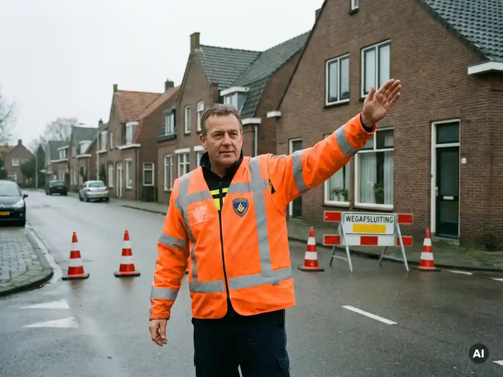 Gecertificeerde verkeersregelaar in oranje hesje dirigeert verkeer bij tijdelijke wegafsluiting op Nederlandse woonstraat.