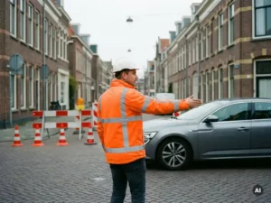 Verkeersregelaar in oranje hesje en witte helm leidt verkeer bij wegafsluiting op Nederlandse stadsstraat met pionnen en barriers.