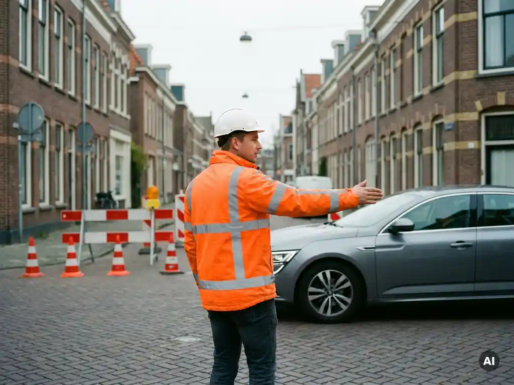 Verkeersregelaar in oranje hesje en witte helm leidt verkeer bij wegafsluiting op Nederlandse stadsstraat met pionnen en barriers.