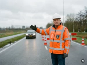 Gecertificeerde verkeersregelaar in oranje hesje en witte helm dirigeert verkeer bij afgesloten rijstrook met oranje kegels op Nederlandse weg.