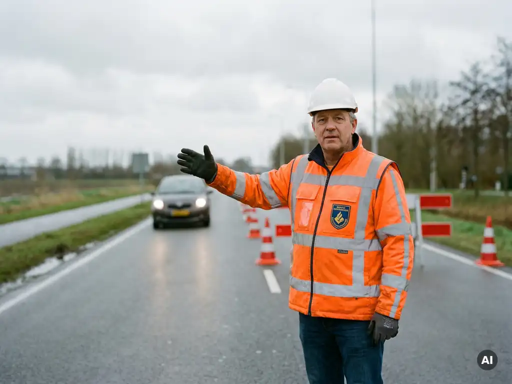Gecertificeerde verkeersregelaar in oranje hesje en witte helm dirigeert verkeer bij afgesloten rijstrook met oranje kegels op Nederlandse weg.