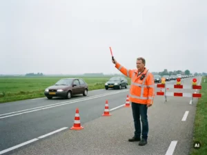 Gecertificeerde verkeersregelaar in oranje hesje dirigeert verkeer bij afgesloten rijstrook met pionnen en barrier op Nederlandse weg.