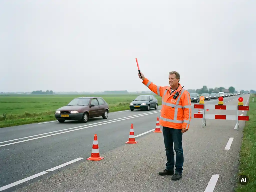 Gecertificeerde verkeersregelaar in oranje hesje dirigeert verkeer bij afgesloten rijstrook met pionnen en barrier op Nederlandse weg.