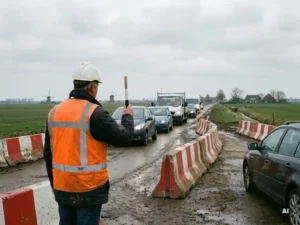 Gecertificeerde verkeersregelaar in oranje hesje en witte helm stuurt verkeer door smalle rijstrook met rood-witte barriers in Nederlandse polderlandschap.