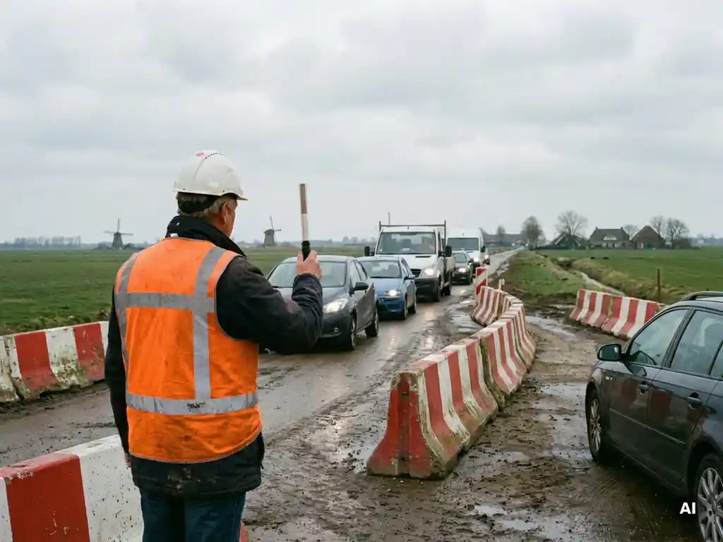Gecertificeerde verkeersregelaar in oranje hesje en witte helm stuurt verkeer door smalle rijstrook met rood-witte barriers in Nederlandse polderlandschap.