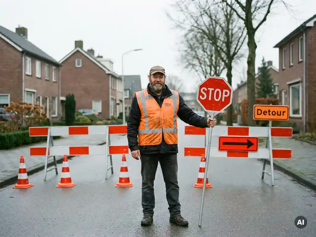 Gecertificeerde verkeersregelaar in oranje hesje houdt stopbord bij tijdelijke wegafsluiting op Nederlandse straat met bouwhekken en kegels.