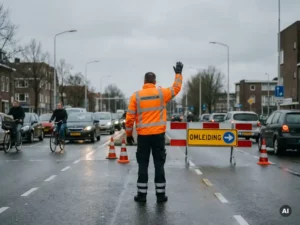 Verkeersregelaar in oranje hesje dirigeert verkeer bij tijdelijke wegomleiding met oranje kegels en Nederlandse verkeersborden op nat asfalt.