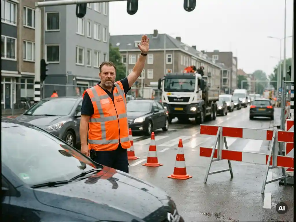 Gecertificeerde verkeersregelaar in oranje hesje geeft stopsein bij drukke stedelijke wegwerkzaamheden in Nederland.