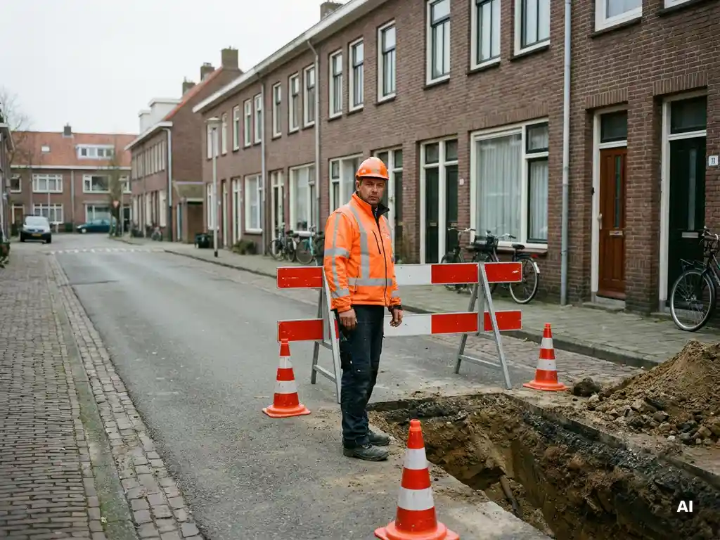 Verkeersregelaar in oranje hesje naast een uitgegraven sleuf op een Nederlandse woonstraat, omgeven door oranje kegels en afzethekken.