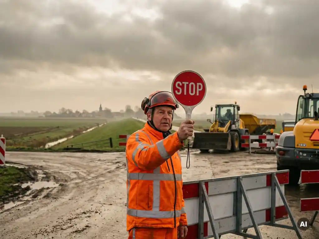 Gecertificeerde verkeersregelaar in oranje hesje met stopbord bij wegwerkzaamheden in Nederlands polderlandschap.