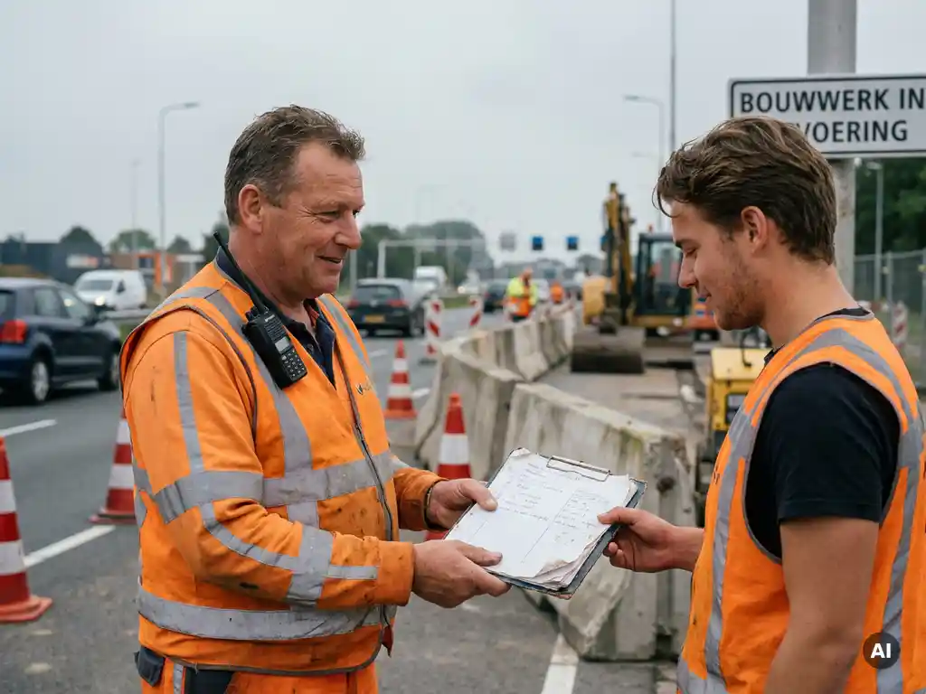 Gecertificeerde verkeersregelaar in oranje hesje overhandigt dienstroosters op bouwplaats in Nederland, met betonnen barriers en oranje kegels op de achtergrond.