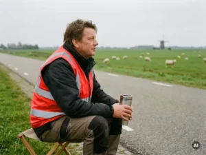 Verkeersregelaar in oranje veiligheidsvest op klapstoel langs Nederlandse weg, thermosbekertje in hand, vlak polderlandschap op de achtergrond.