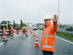 Gecertificeerde verkeersregelaar in oranje hesje en witte helm dirigeert verkeer op Nederlandse snelweg in aanleg.