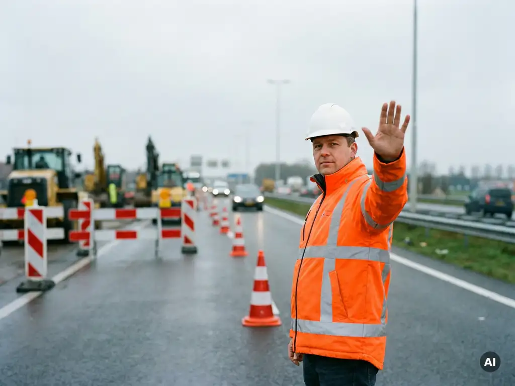 Gecertificeerde verkeersregelaar in oranje hesje en witte helm dirigeert verkeer op Nederlandse snelweg in aanleg.