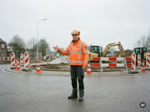 Verkeersregelaar in oranje hesje stuurt verkeer op een rotonde in aanbouw, omringd door oranje kegels en tijdelijke barriers.