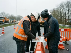 Gecertificeerde verkeersregelaar in oranje hesje bespreekt routekaart met crew bij Nederlandse wegwerkzaamheden, oranje kegels op achtergrond.