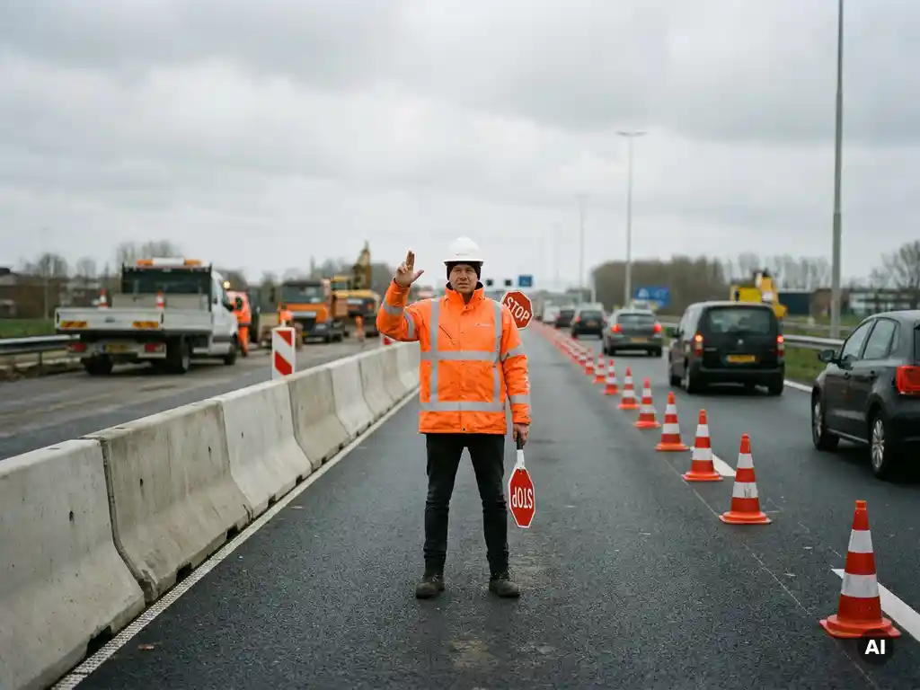 Gecertificeerde verkeersregelaar in oranje veiligheidsvest en witte helm op Nederlandse snelwegwerkzone, dirigeert verkeer met stopbord.