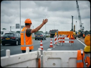 Gecertificeerde verkeersregelaar in oranje hesje dirigeert verkeer op Nederlandse snelwegwerkzone, met veiligheidskegels en tijdelijke borden op de achtergrond.