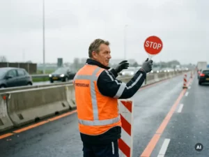 Gecertificeerde verkeersregelaar in oranje veiligheidsvest dirigeert verkeer op Nederlandse snelwegwerkzone met stopbord.