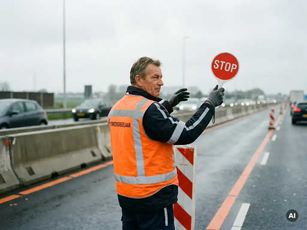 Gecertificeerde verkeersregelaar in oranje veiligheidsvest dirigeert verkeer op Nederlandse snelwegwerkzone met stopbord.