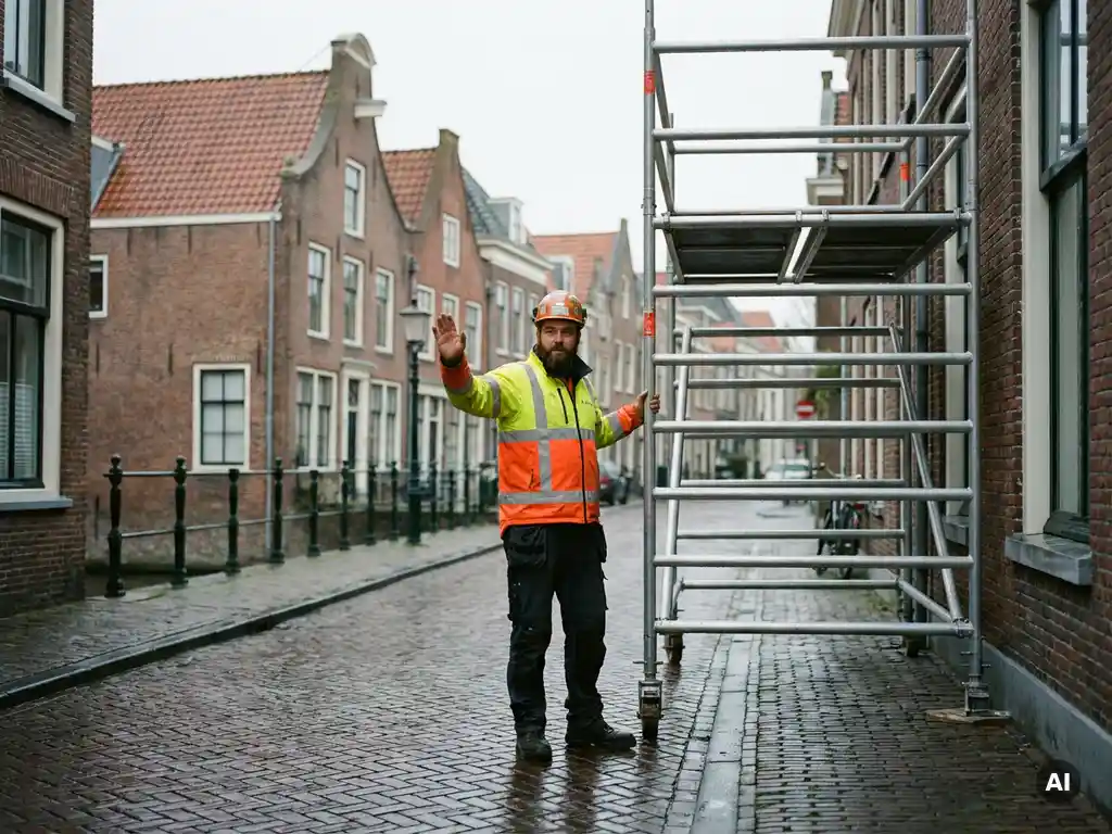 Verkeersregelaar in oranje veiligheidsvest stuurt verkeer bij steiger op smalle Amsterdamse gracht, bakstenen gevels op achtergrond.