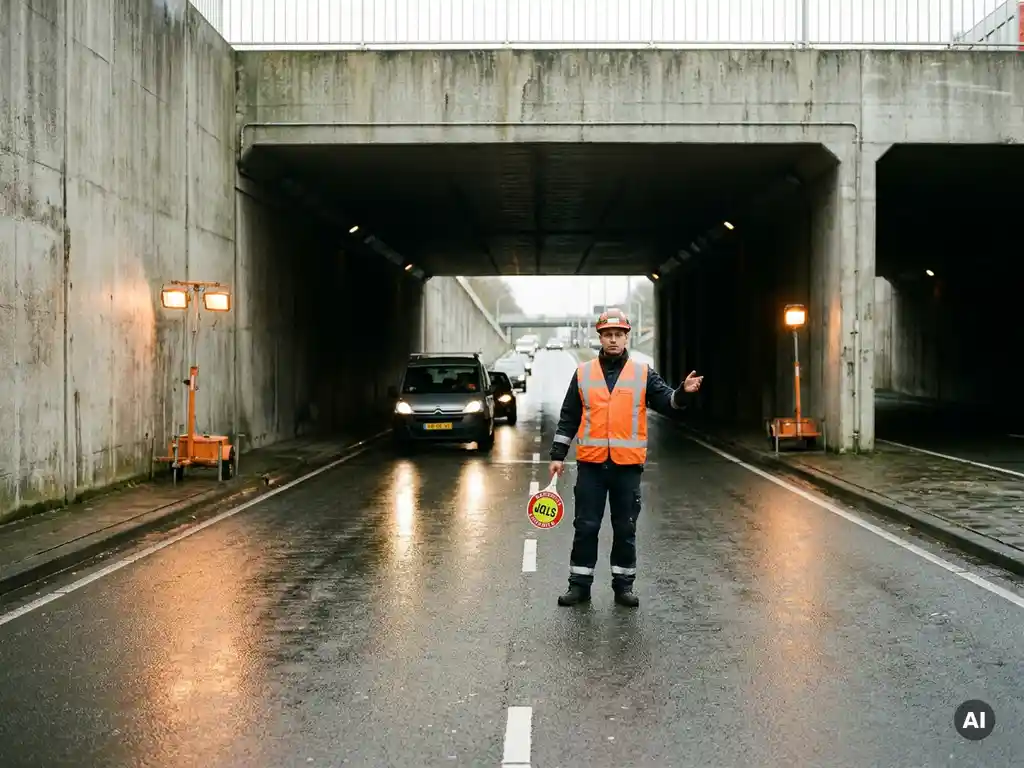 Verkeersregelaar in oranje hesje stuurt verkeer bij ingang van betonnen tunnel, nat asfalt weerspiegelt bouwverlichting.