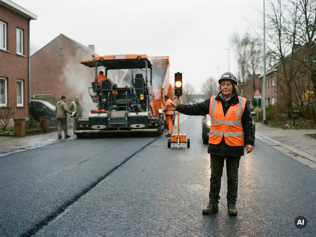 Gecertificeerde verkeersregelaar in oranje hesje dirigeert verkeer naast asfaltmachine op Nederlandse weg.