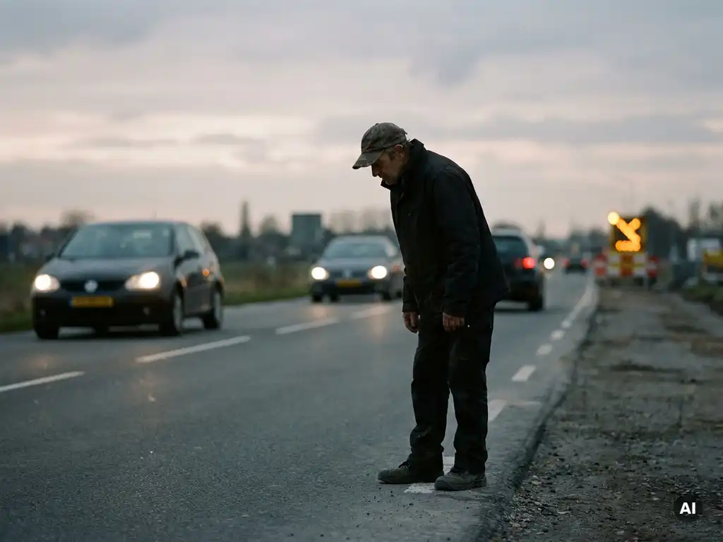 Verkeersregelaar zonder veiligheidsvest bij Nederlandse wegwerkzaamheden in de schemering, auto's rijden dichtbij.