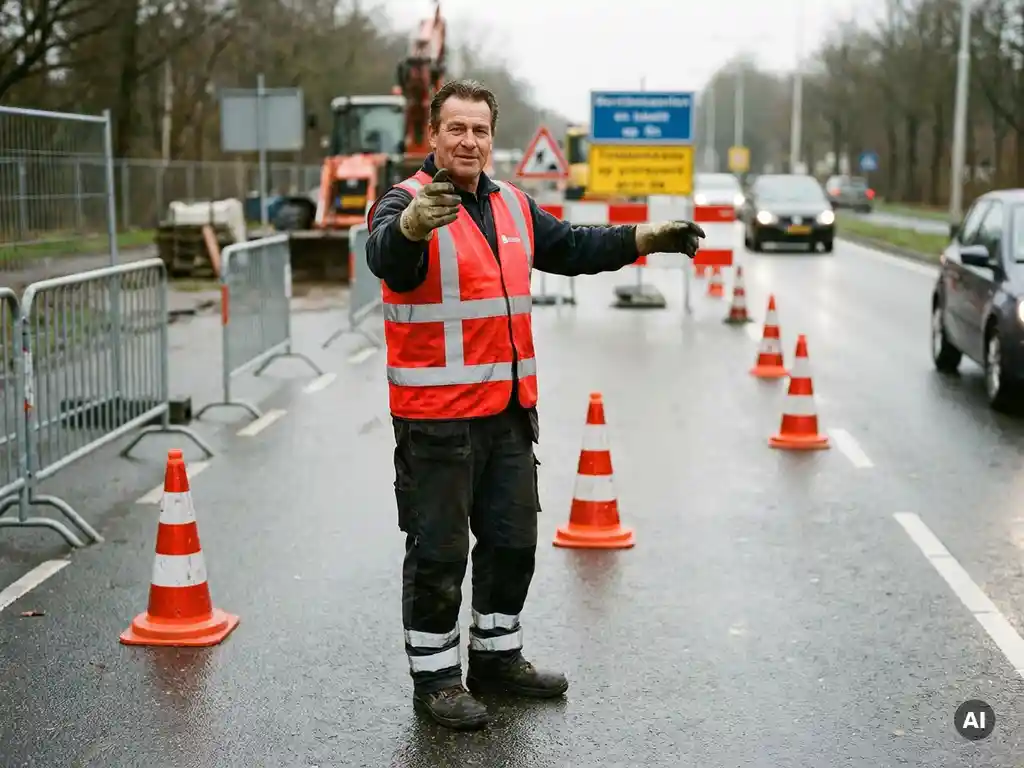 Verkeersregelaar in oranje-rood veiligheidsvest met reflecterende strepen dirigeert verkeer bij wegwerkzaamheden in Nederland.