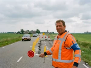Gecertificeerde verkeersregelaar in oranje hesje dirigeert verkeer langs wegwerkzaamheden op een Nederlandse provinciale weg met pionnen.