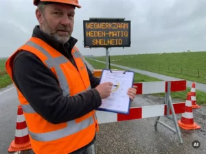 Verkeersregelaar in oranje hesje bestudeert verkeersomleidingsplan op klembord bij wegafsluiting op Nederlands polderweg.