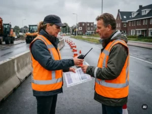 Twee verkeersregelaars in oranje hesjes wisselen radio en routeblad uit bij een wegwerkzaamheden in Nederland.